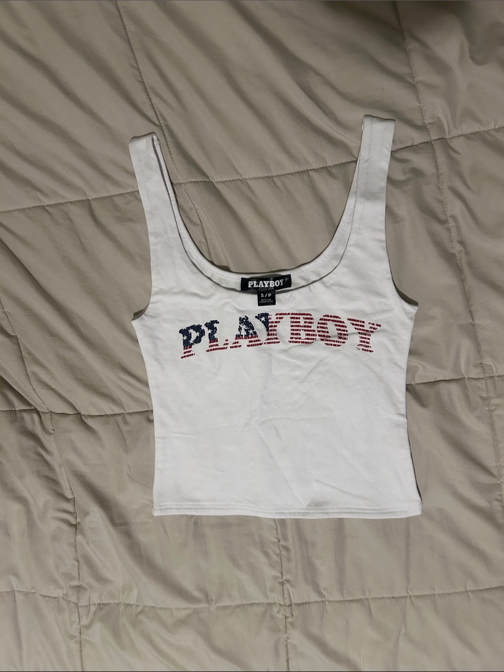 PLAYBOY White Tank Top with Red & Blue Graphic